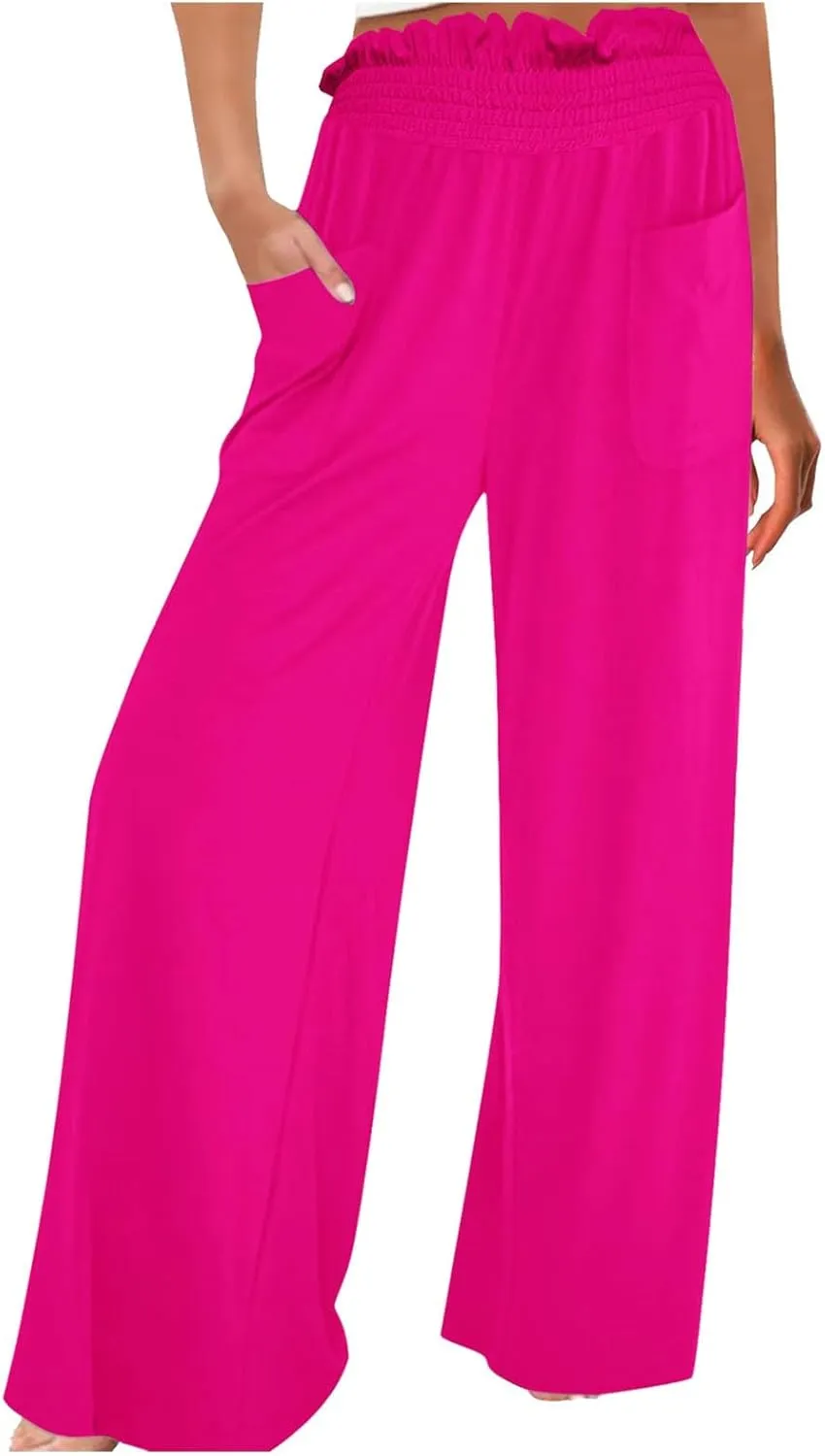 PTOLOCIF Petite Linen Pants for Women Summer Drawstring Waist Pants Wide Leg Loose Cotton Linen Palazzo Trousers with Pockets