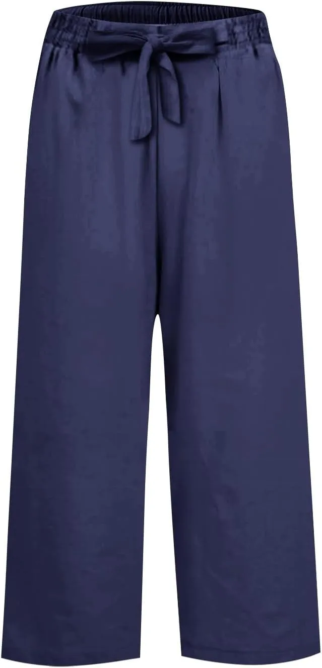 PTOLOCIF Petite Linen Pants for Women Wide Leg Casual Loose Pants High Waisted Drawstring Palazzo Capri Trousers with Pockets