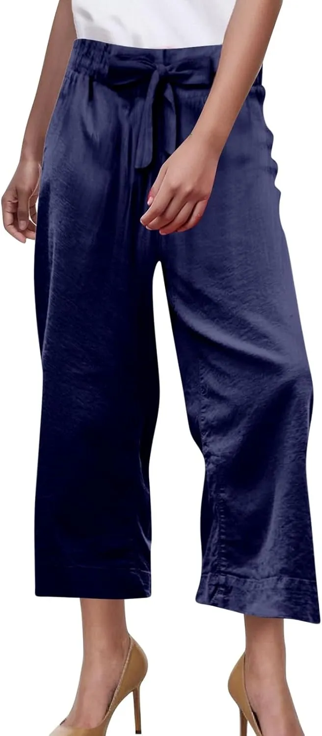 PTOLOCIF Petite Linen Pants for Women Wide Leg Casual Loose Pants High Waisted Drawstring Palazzo Capri Trousers with Pockets