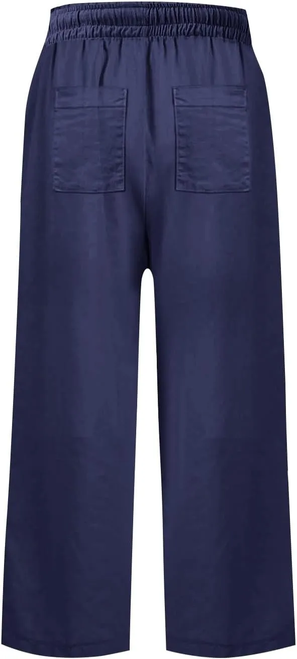 PTOLOCIF Petite Linen Pants for Women Wide Leg Casual Loose Pants High Waisted Drawstring Palazzo Capri Trousers with Pockets