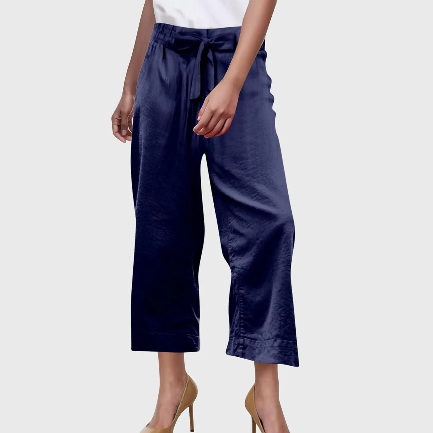 PTOLOCIF Petite Linen Pants for Women Wide Leg Casual Loose Pants High Waisted Drawstring Palazzo Capri Trousers with Pockets