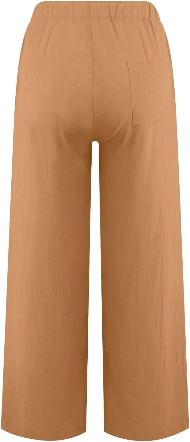 PTOLOCIF Petite Linen Pants for Women Wide Straight Leg Pants Baggy Elastic Waist Pant Summer Loose Fit Trousers with Pockets