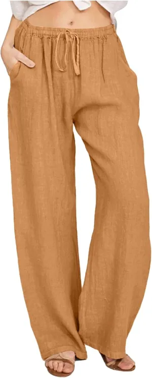 PTOLOCIF Petite Linen Pants for Women Wide Straight Leg Pants Baggy Elastic Waist Pant Summer Loose Fit Trousers with Pockets
