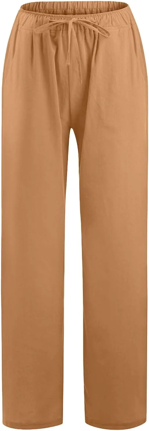 PTOLOCIF Petite Linen Pants for Women Wide Straight Leg Pants Baggy Elastic Waist Pant Summer Loose Fit Trousers with Pockets