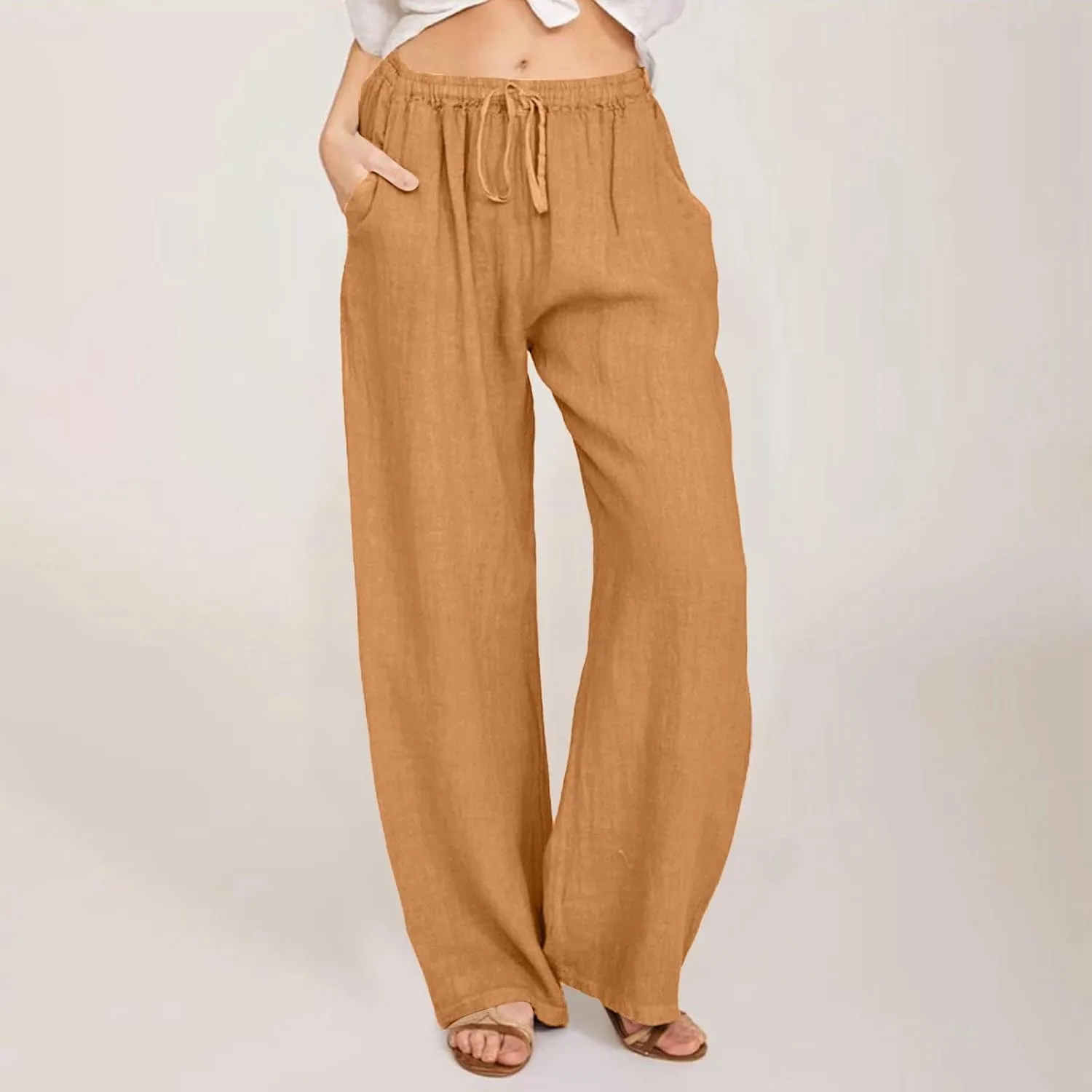 PTOLOCIF Petite Linen Pants for Women Wide Straight Leg Pants Baggy Elastic Waist Pant Summer Loose Fit Trousers with Pockets