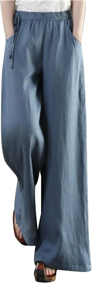 PTOLOCIF Womens Casual Cotton Linen Pants Drawstring Back Elastic Waist Pants High Waist Casual Lounge Trousers with Pockets