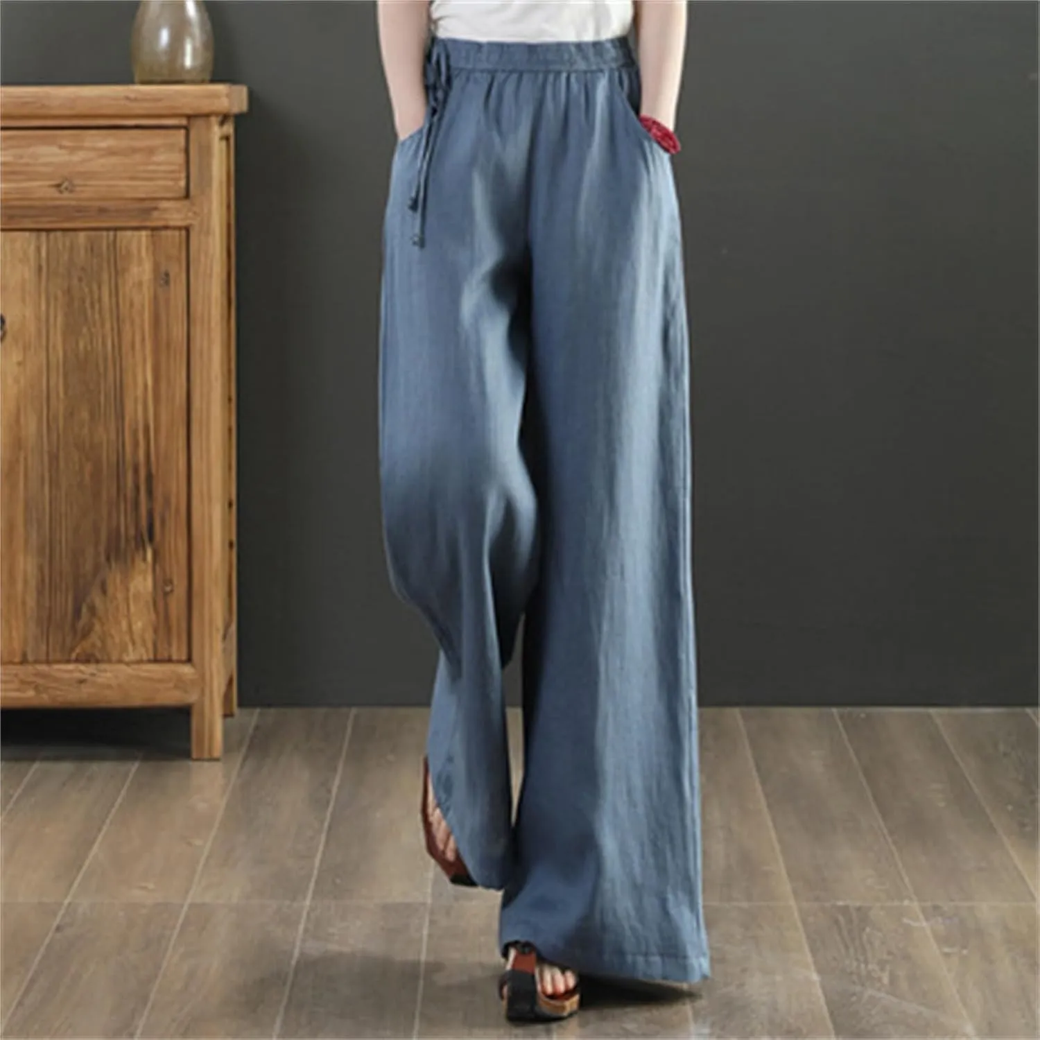 PTOLOCIF Womens Casual Cotton Linen Pants Drawstring Back Elastic Waist Pants High Waist Casual Lounge Trousers with Pockets