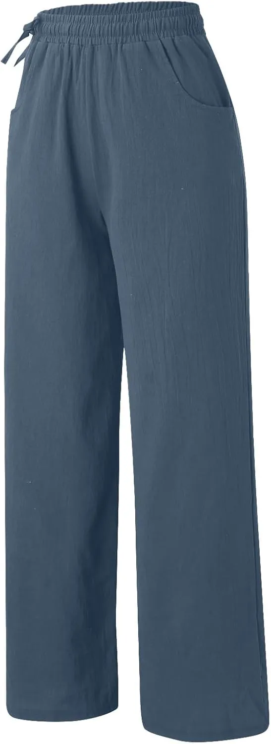 PTOLOCIF Womens Casual Cotton Linen Pants Drawstring Back Elastic Waist Pants High Waist Casual Lounge Trousers with Pockets