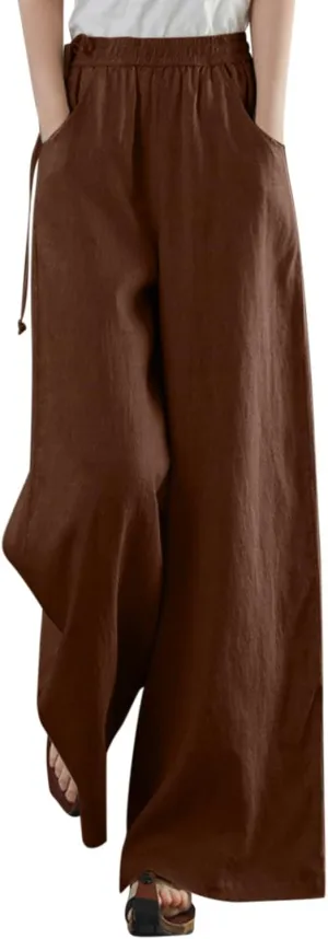 PTOLOCIF Womens Casual Cotton Linen Pants Drawstring Back Elastic Waist Pants High Waist Casual Lounge Trousers with Pockets