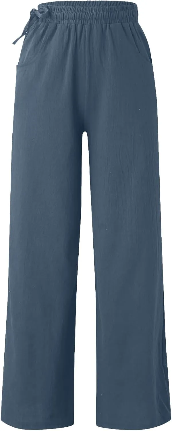 PTOLOCIF Womens Casual Cotton Linen Pants Drawstring Back Elastic Waist Pants High Waist Casual Lounge Trousers with Pockets