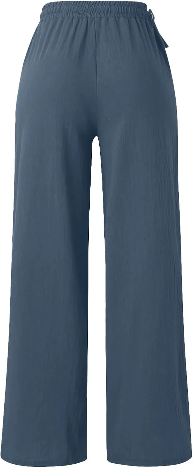 PTOLOCIF Womens Casual Cotton Linen Pants Drawstring Back Elastic Waist Pants High Waist Casual Lounge Trousers with Pockets