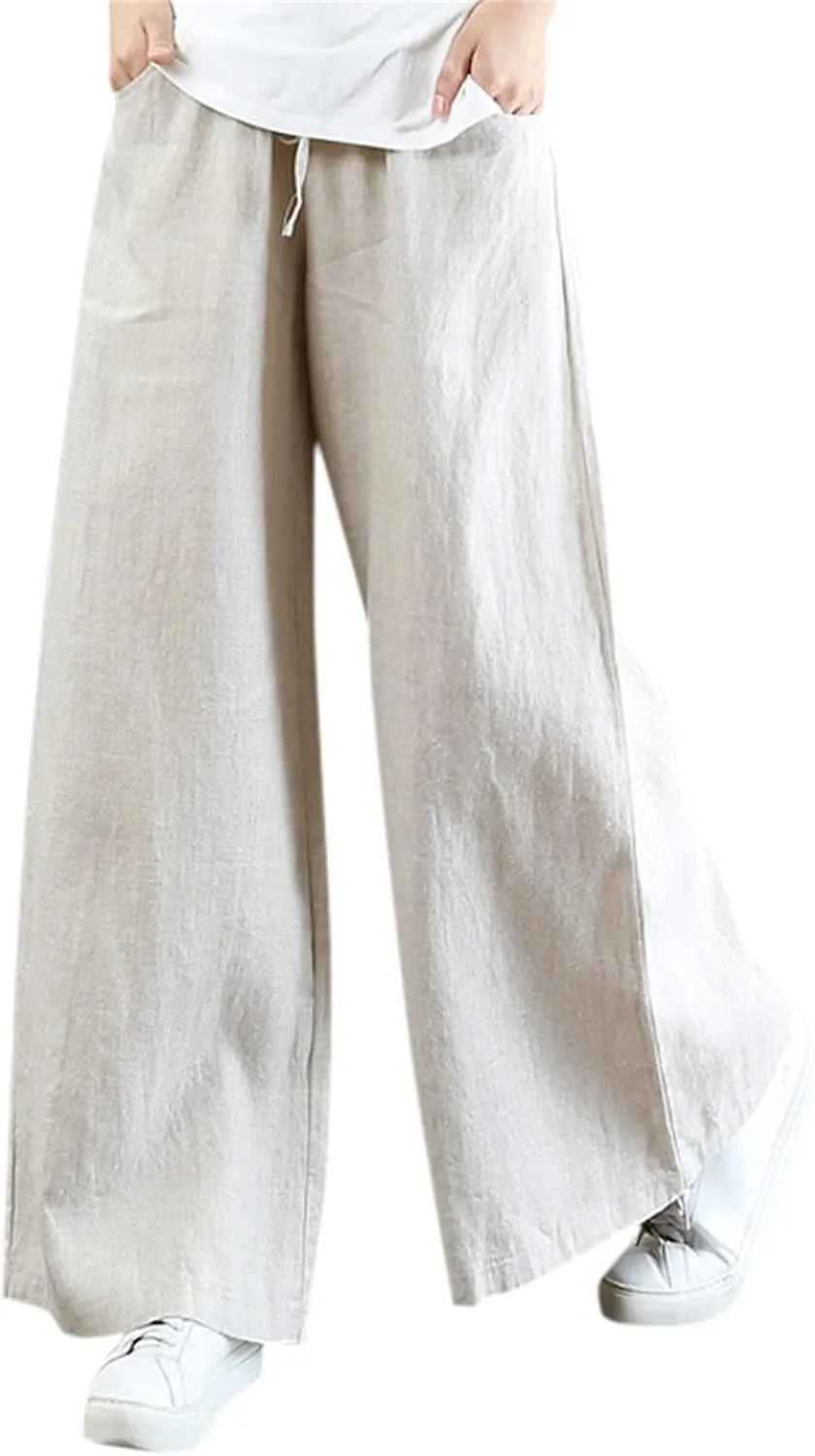 PTOLOCIF Womens Casual Cotton Linen Pants Elastic Waist Wide Leg Palazzo Pants Summer Drawstring Casual Loose Yoga Trousers