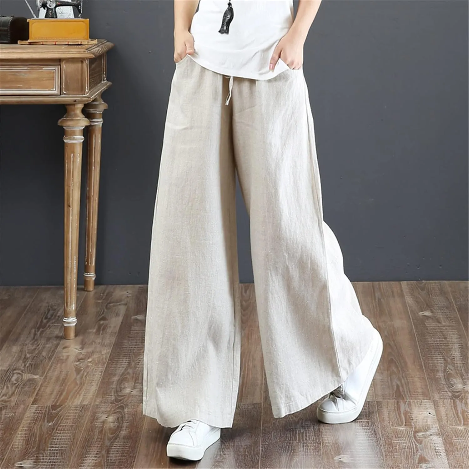 PTOLOCIF Womens Casual Cotton Linen Pants Elastic Waist Wide Leg Palazzo Pants Summer Drawstring Casual Loose Yoga Trousers