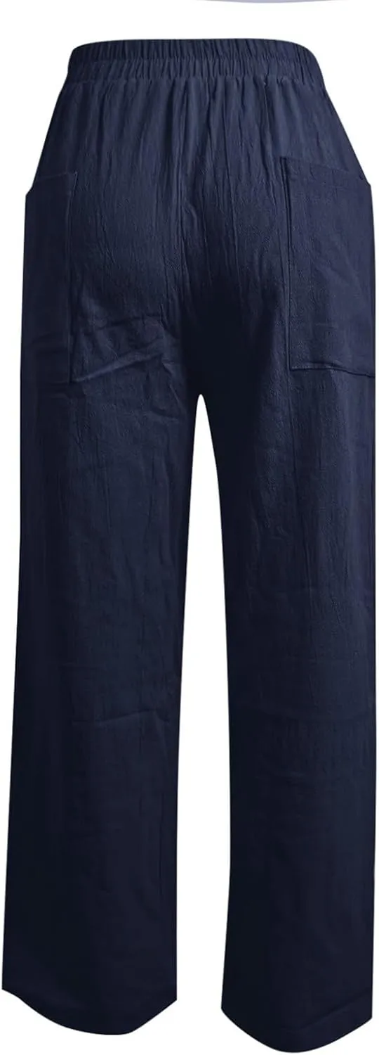 PTOLOCIF Womens Casual Cotton Linen Pants High Waist Drawstring Pants with Cotton Loose Casual Boho Trouser with Pockets