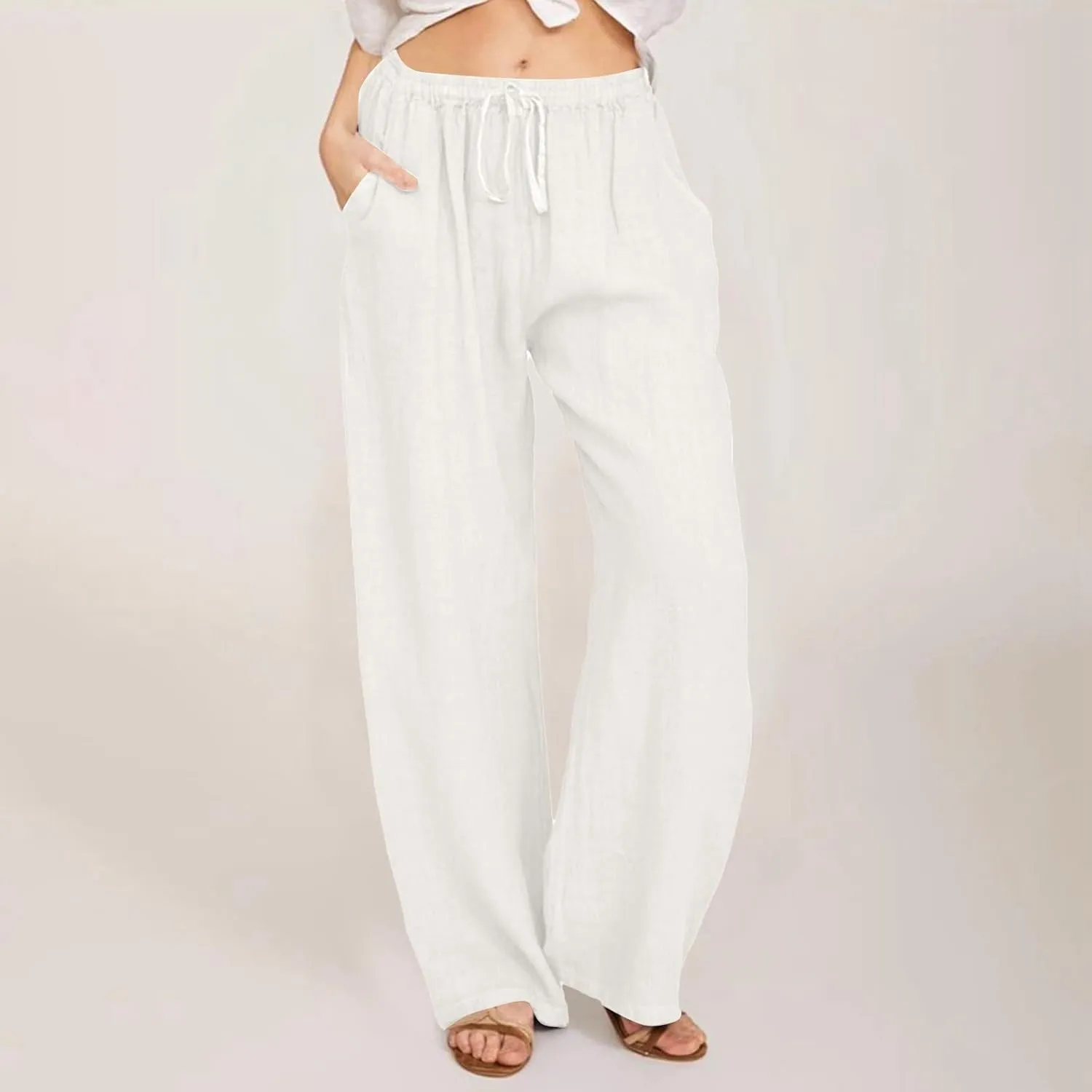 PTOLOCIF Womens Casual Cotton Linen Pants High Waisted Summer Palazzo Pants Flowy Wide Leg Beach Trousers with Pockets
