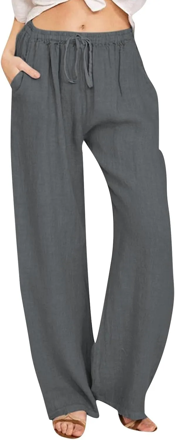 PTOLOCIF Womens Casual Cotton Linen Pants High Waisted Summer Palazzo Pants Flowy Wide Leg Beach Trousers with Pockets