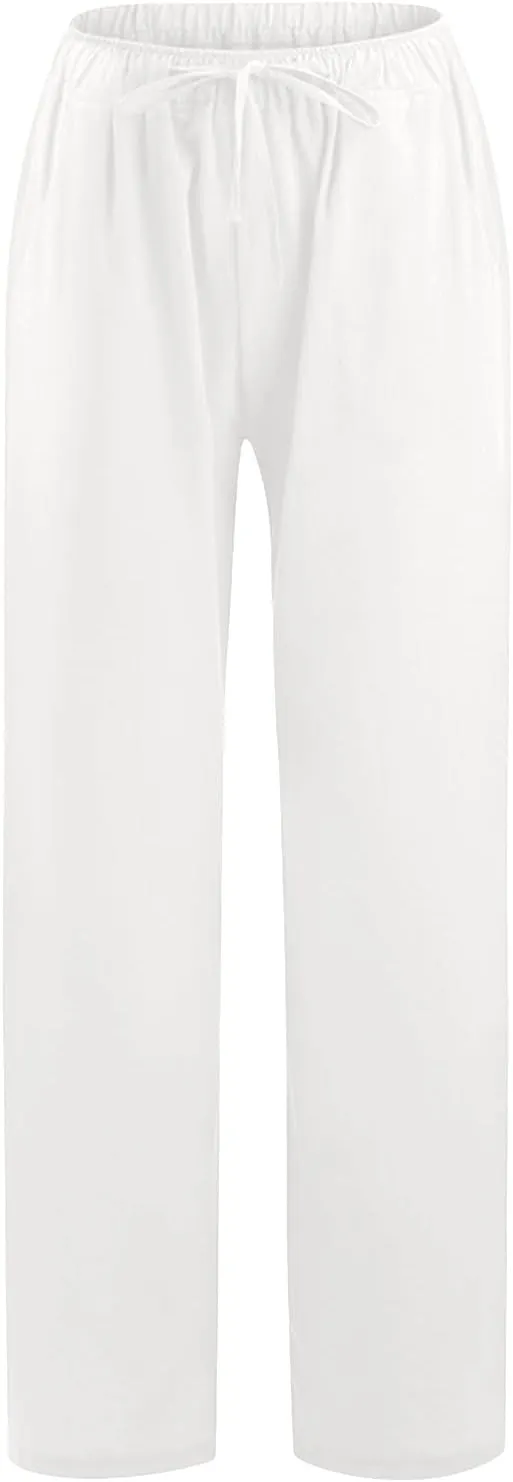 PTOLOCIF Womens Casual Cotton Linen Pants High Waisted Summer Palazzo Pants Flowy Wide Leg Beach Trousers with Pockets