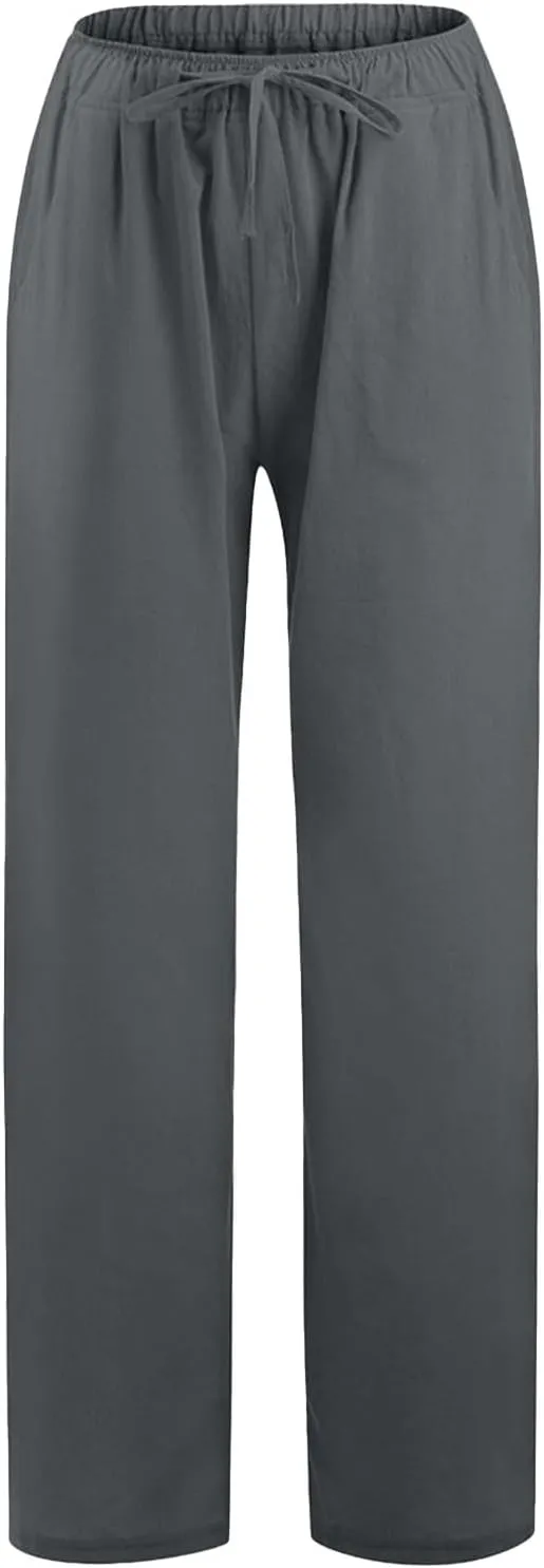 PTOLOCIF Womens Casual Cotton Linen Pants High Waisted Summer Palazzo Pants Flowy Wide Leg Beach Trousers with Pockets