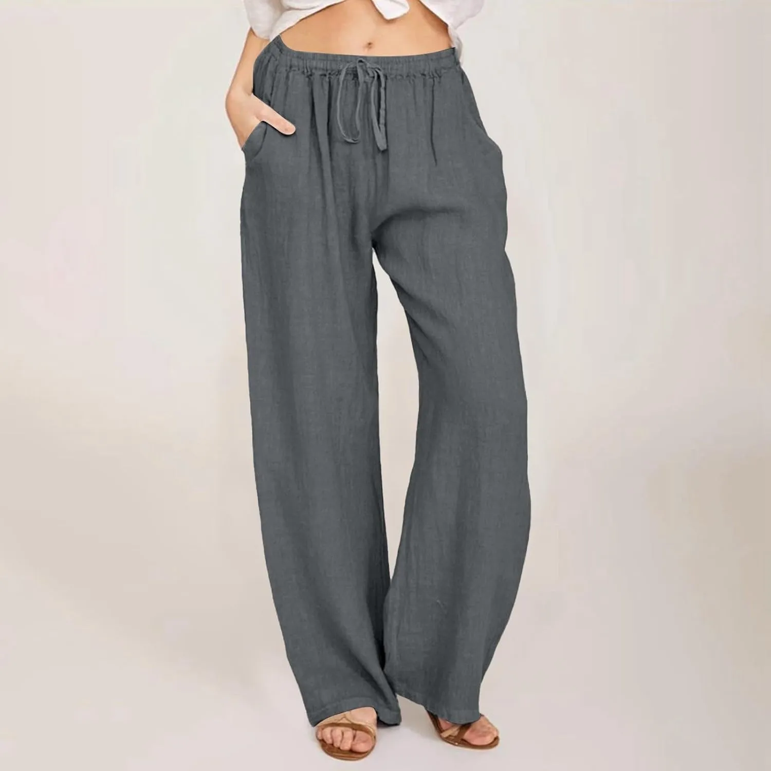 PTOLOCIF Womens Casual Cotton Linen Pants High Waisted Summer Palazzo Pants Flowy Wide Leg Beach Trousers with Pockets