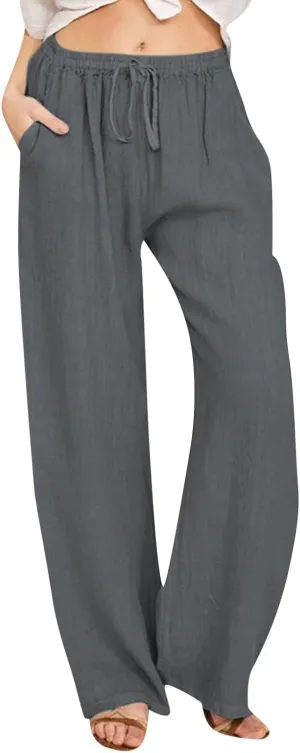 PTOLOCIF Womens Casual Cotton Linen Pants High Waisted Summer Palazzo Pants Flowy Wide Leg Beach Trousers with Pockets