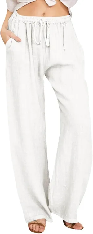 PTOLOCIF Womens Casual Cotton Linen Pants High Waisted Summer Palazzo Pants Flowy Wide Leg Beach Trousers with Pockets