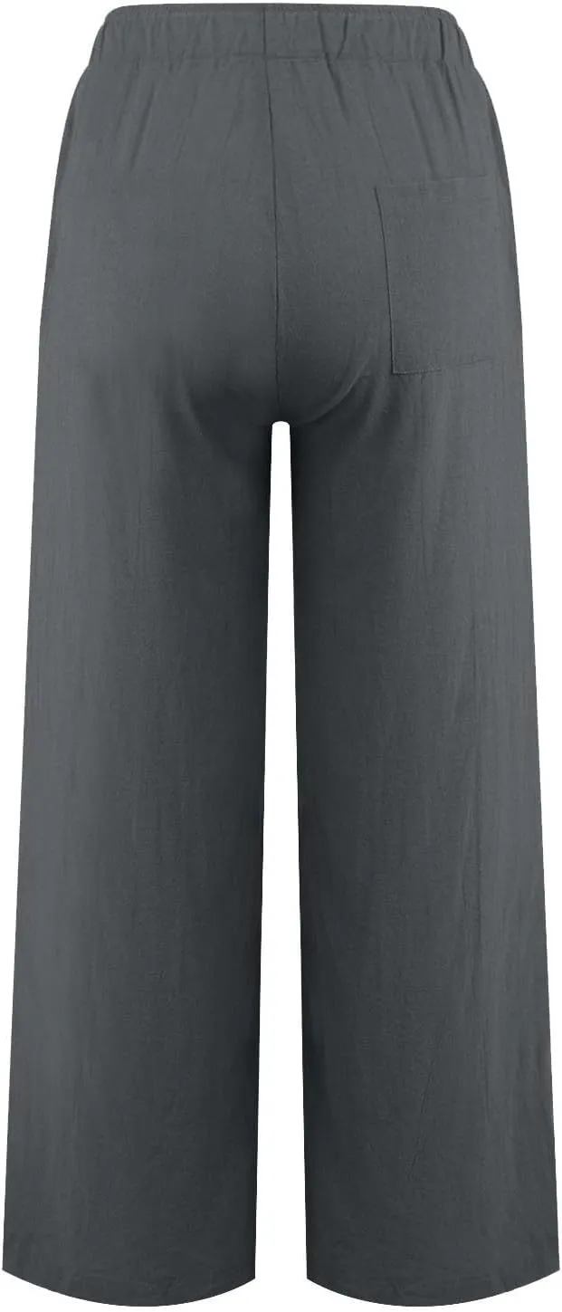 PTOLOCIF Womens Casual Cotton Linen Pants High Waisted Summer Palazzo Pants Flowy Wide Leg Beach Trousers with Pockets