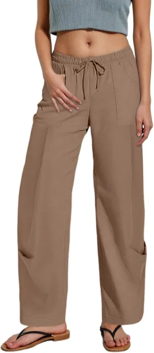 PTOLOCIF Womens Casual Cotton Linen Pants Lightweight Summer Relax Fit Pants Elastic Waist Plus Size Lounge Long Trousers