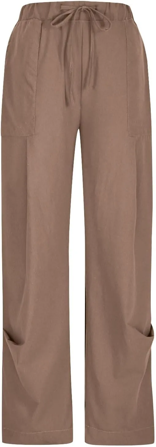PTOLOCIF Womens Casual Cotton Linen Pants Lightweight Summer Relax Fit Pants Elastic Waist Plus Size Lounge Long Trousers