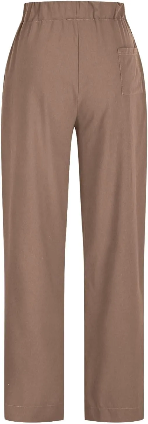 PTOLOCIF Womens Casual Cotton Linen Pants Lightweight Summer Relax Fit Pants Elastic Waist Plus Size Lounge Long Trousers