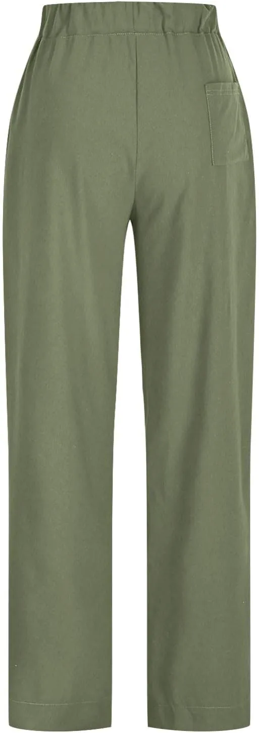 PTOLOCIF Womens Casual Cotton Linen Pants Lightweight Summer Relax Fit Pants Elastic Waist Plus Size Lounge Long Trousers