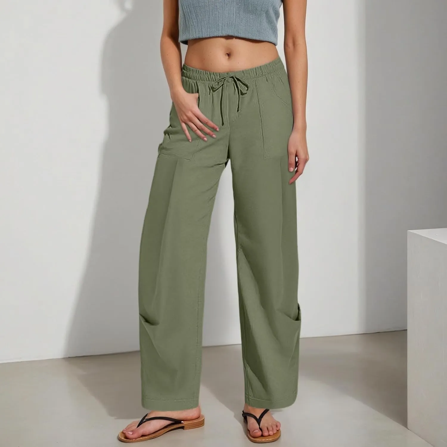 PTOLOCIF Womens Casual Cotton Linen Pants Lightweight Summer Relax Fit Pants Elastic Waist Plus Size Lounge Long Trousers