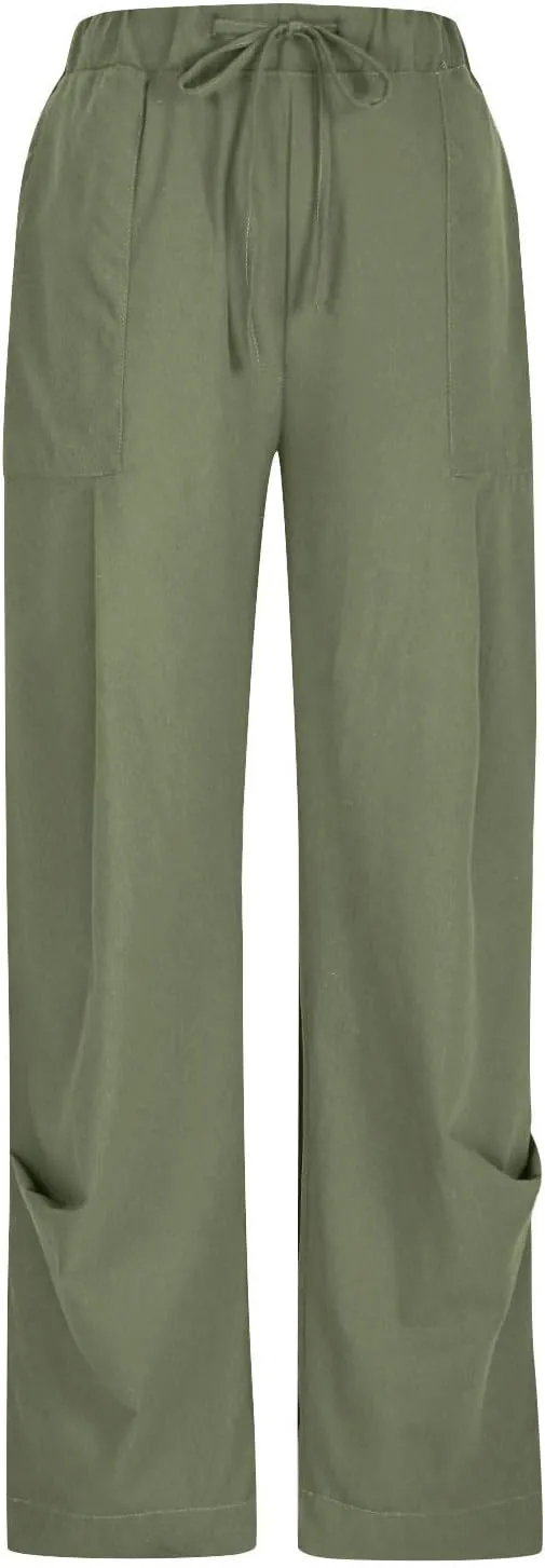 PTOLOCIF Womens Casual Cotton Linen Pants Lightweight Summer Relax Fit Pants Elastic Waist Plus Size Lounge Long Trousers