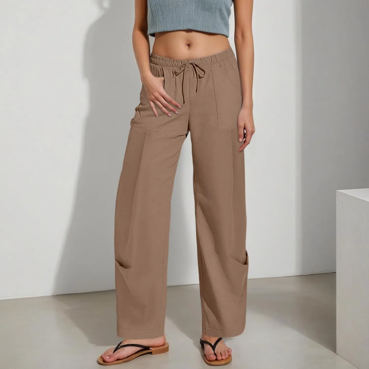 PTOLOCIF Womens Casual Cotton Linen Pants Lightweight Summer Relax Fit Pants Elastic Waist Plus Size Lounge Long Trousers