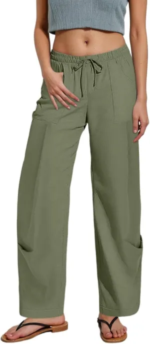 PTOLOCIF Womens Casual Cotton Linen Pants Lightweight Summer Relax Fit Pants Elastic Waist Plus Size Lounge Long Trousers
