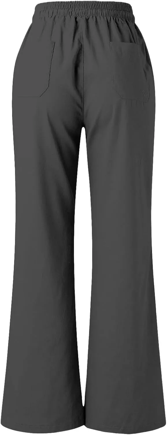PTOLOCIF Women's Casual Cotton Linen Pants Summer Flowy High Waisted Beach Pants Flowy Wide Leg Palazzo Trousers with Pcokets