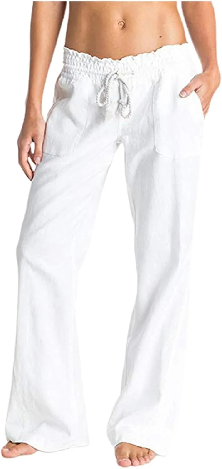 PTOLOCIF Women's Casual Cotton Linen Pants Summer Flowy High Waisted Beach Pants Flowy Wide Leg Palazzo Trousers with Pcokets