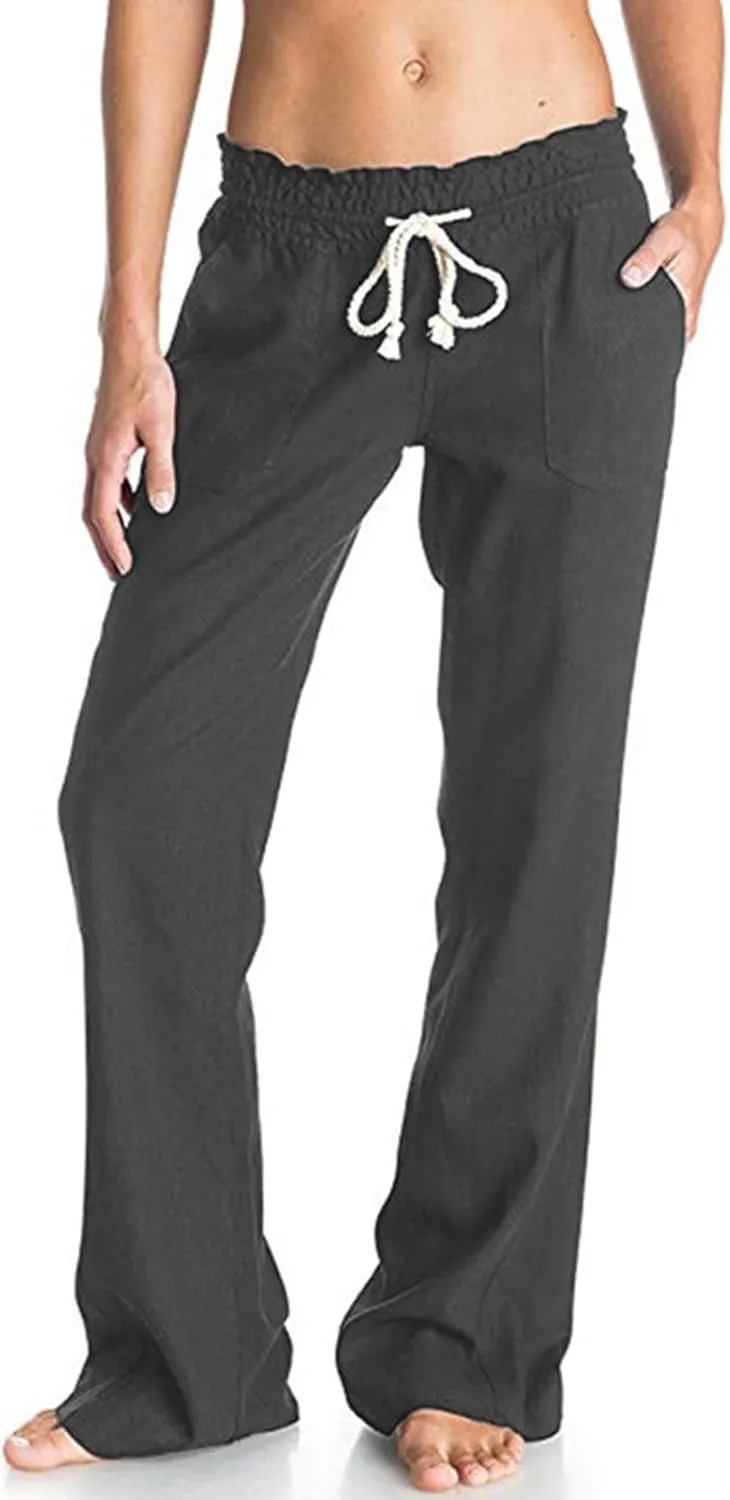 PTOLOCIF Women's Casual Cotton Linen Pants Summer Flowy High Waisted Beach Pants Flowy Wide Leg Palazzo Trousers with Pcokets