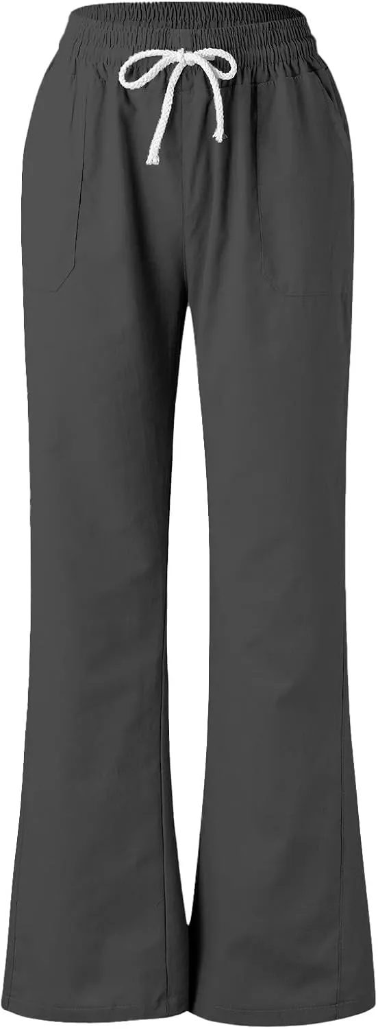 PTOLOCIF Women's Casual Cotton Linen Pants Summer Flowy High Waisted Beach Pants Flowy Wide Leg Palazzo Trousers with Pcokets