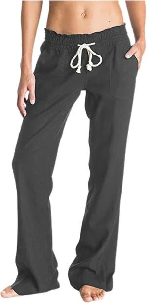 PTOLOCIF Women's Casual Cotton Linen Pants Summer Flowy High Waisted Beach Pants Flowy Wide Leg Palazzo Trousers with Pcokets