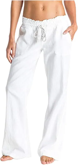 PTOLOCIF Women's Casual Cotton Linen Pants Summer Flowy High Waisted Beach Pants Flowy Wide Leg Palazzo Trousers with Pcokets