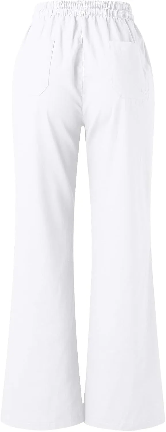 PTOLOCIF Women's Casual Cotton Linen Pants Summer Flowy High Waisted Beach Pants Flowy Wide Leg Palazzo Trousers with Pcokets