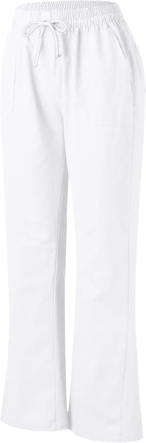 PTOLOCIF Women's Casual Cotton Linen Pants Summer Flowy High Waisted Beach Pants Flowy Wide Leg Palazzo Trousers with Pcokets