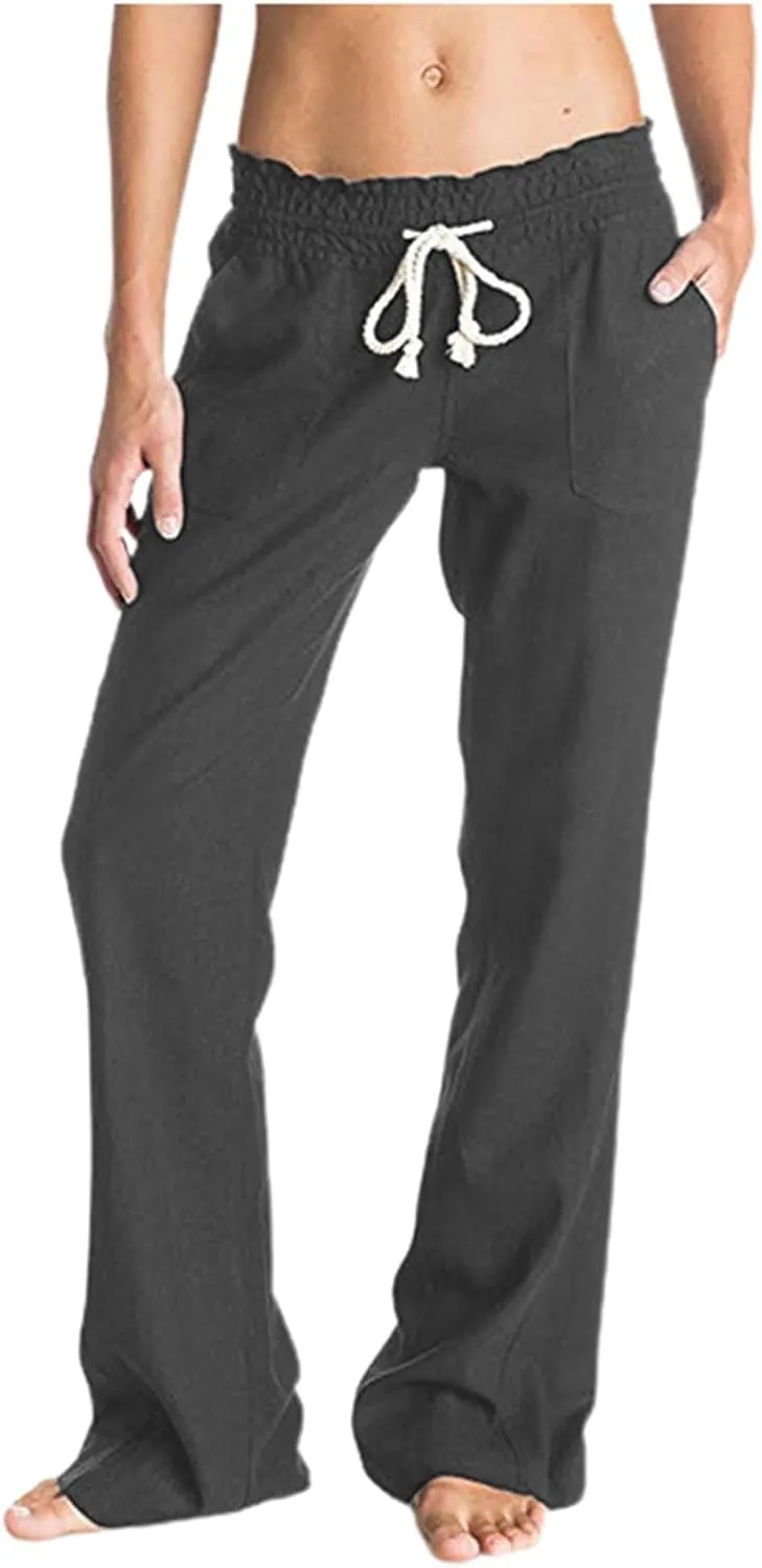PTOLOCIF Women's Casual Cotton Linen Pants Summer Flowy High Waisted Beach Pants Flowy Wide Leg Palazzo Trousers with Pcokets