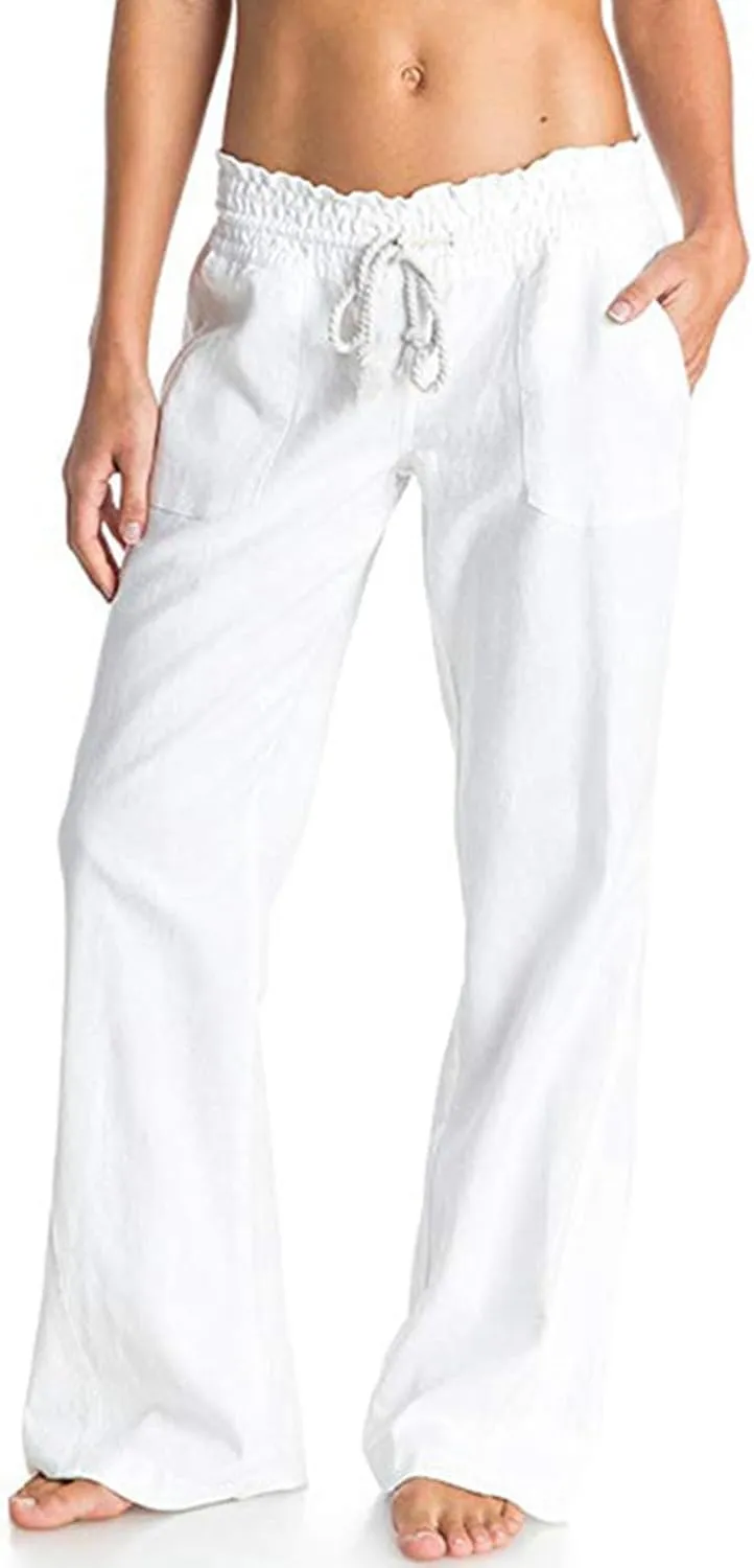 PTOLOCIF Women's Casual Cotton Linen Pants Summer Flowy High Waisted Beach Pants Flowy Wide Leg Palazzo Trousers with Pcokets