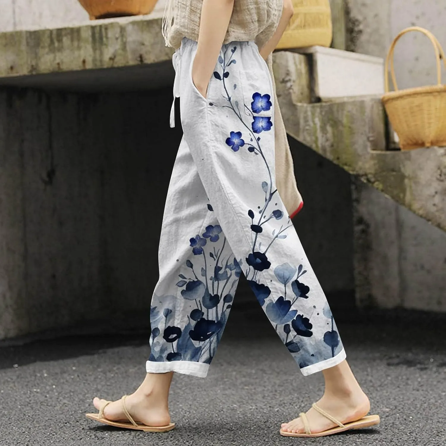 PTOLOCIF Womens Casual Cotton Linen Pants Summer Palazzo Pants Flowy Wide Leg Beach Trouser Trendy Boho Pants with Pockets