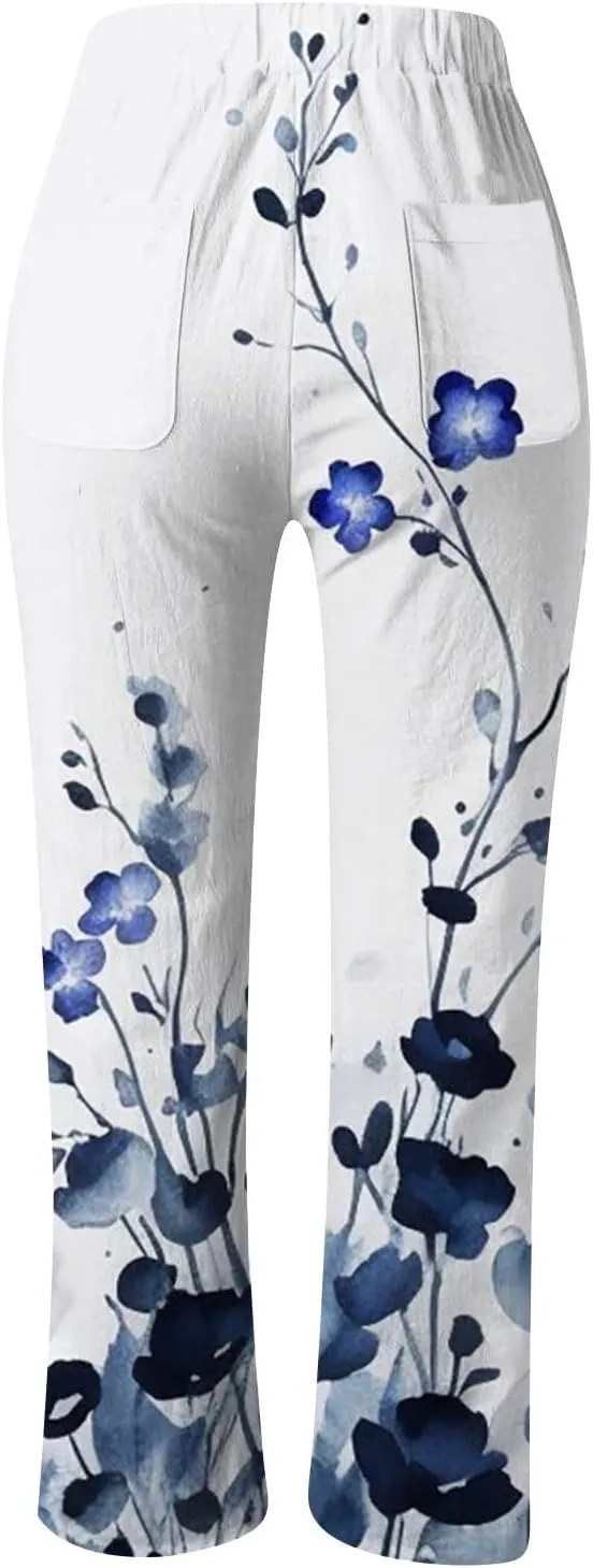 PTOLOCIF Womens Casual Cotton Linen Pants Summer Palazzo Pants Flowy Wide Leg Beach Trouser Trendy Boho Pants with Pockets