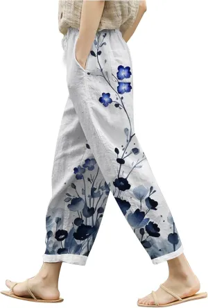 PTOLOCIF Womens Casual Cotton Linen Pants Summer Palazzo Pants Flowy Wide Leg Beach Trouser Trendy Boho Pants with Pockets