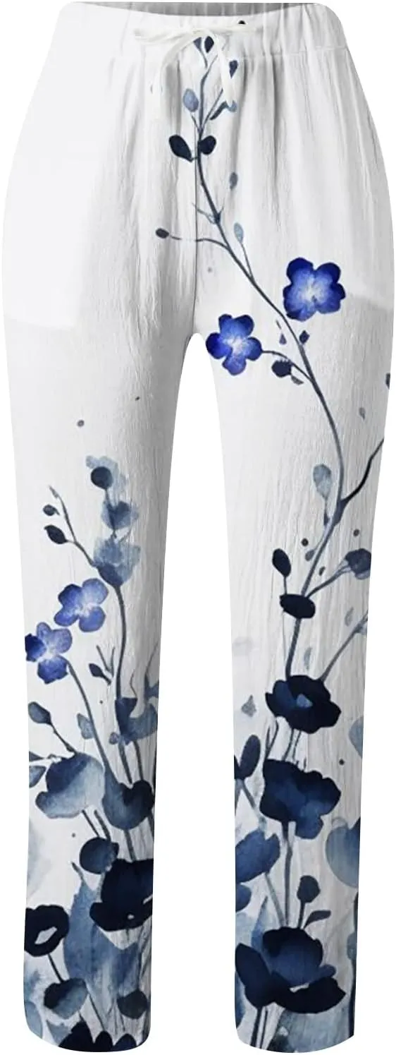 PTOLOCIF Womens Casual Cotton Linen Pants Summer Palazzo Pants Flowy Wide Leg Beach Trouser Trendy Boho Pants with Pockets
