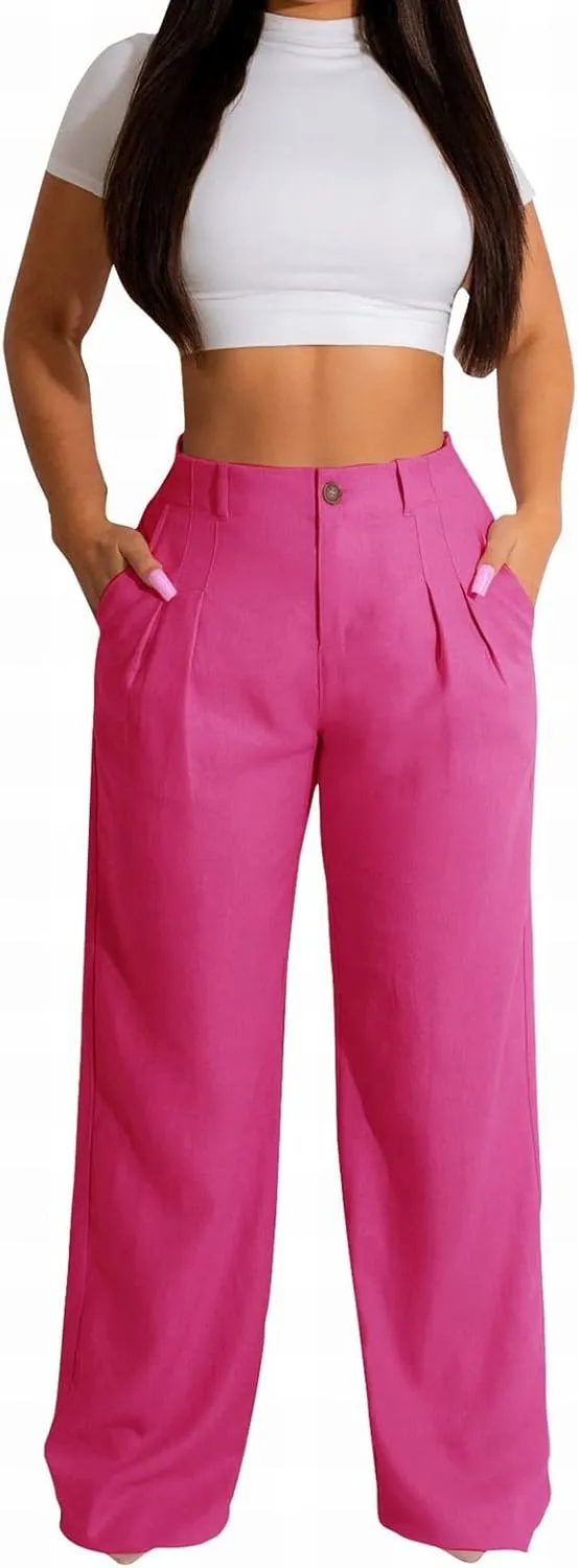 PTOLOCIF Womens Casual Cotton Linen Pants Wide Leg Casual Palazzo Pants Cotton Linen Lounge Beach Summer Pant with Pockets