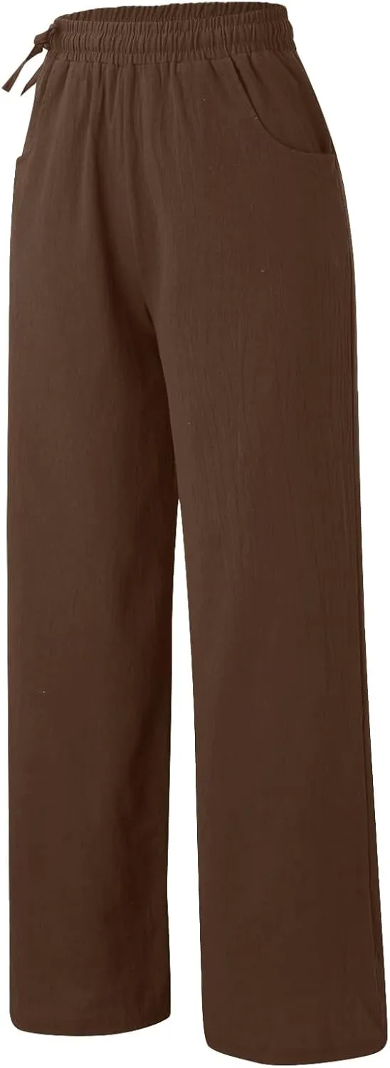 PTOLOCIF Womens Casual Linen Pants High Waisted Long Palazzo Pants Wide Leg Cotton Linen Lounge Pant Trousers with Pockets